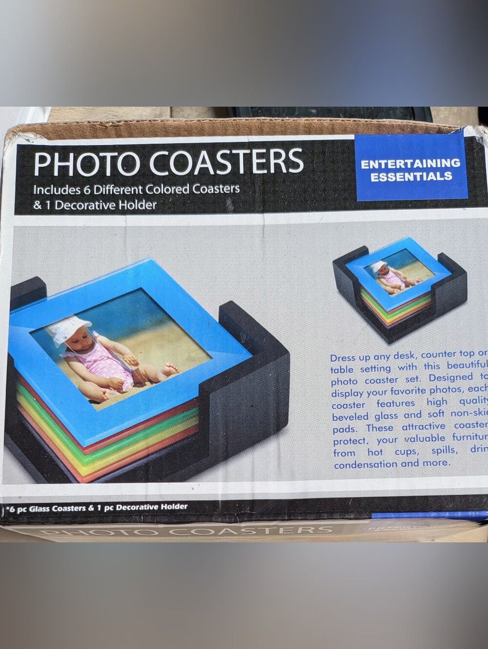 Photo Coaster Set with Decorative Holder - Blue and Multicolor